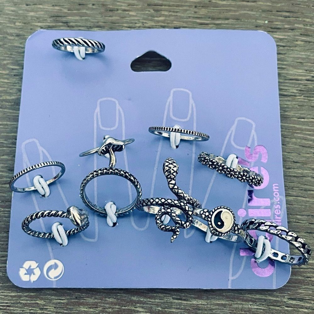10-pc Silver Rings Set Snake Mushroom Peace Designs Claire’s